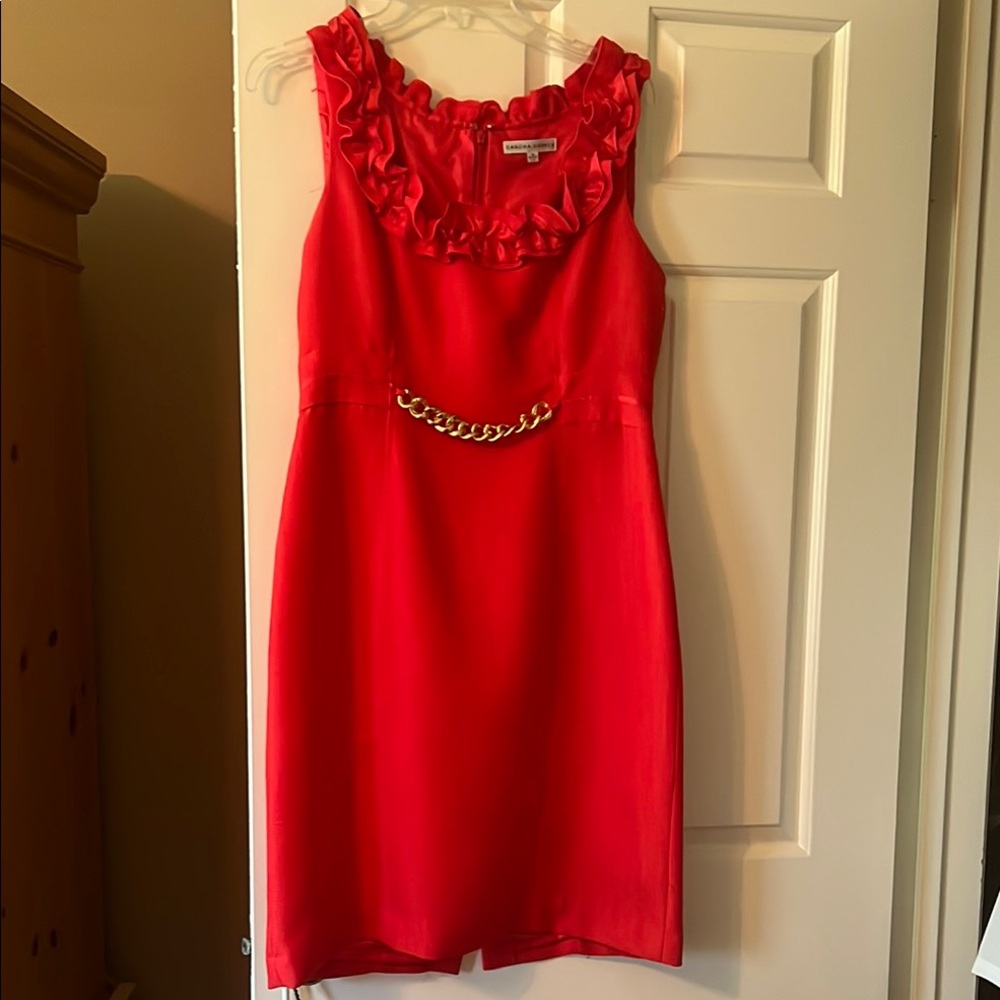 Sandra Darren Vibrant Red Asymmetrical Dress with Chain Detail